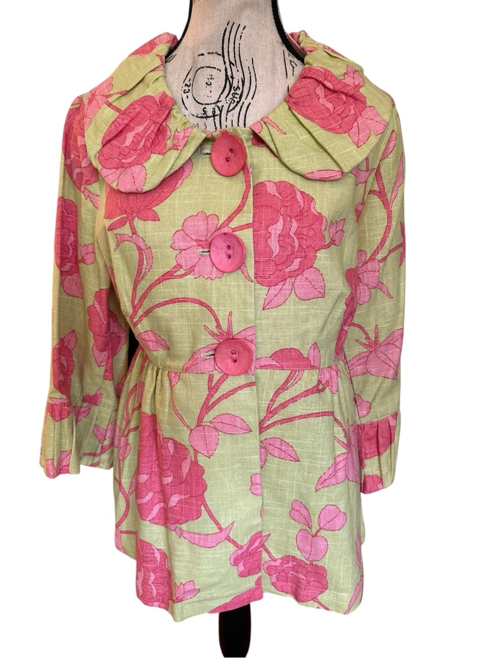 3 Sisters Made USA Floral Peplum Jacket Linen Rayon M/L Spring Art To Wear